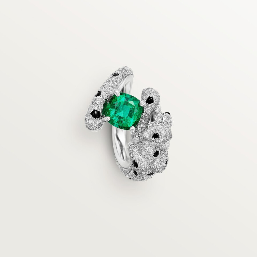panthère de cartier ring cushion-cut emerald paved